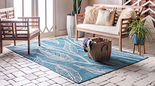 Unique Loom Outdoor Botanical Collection Area Rug - Leaf (6' 1" x 9' Rectangle, Teal/ Ivory)