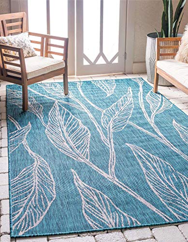 Unique Loom Outdoor Botanical Collection Area Rug - Leaf (6' 1" x 9' Rectangle, Teal/ Ivory)