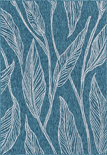 Unique Loom Outdoor Botanical Collection Area Rug - Leaf (6' 1" x 9' Rectangle, Teal/ Ivory)