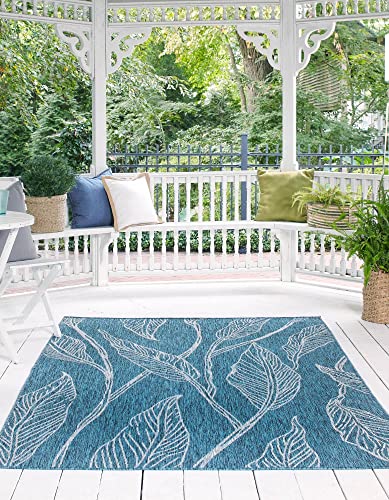 Unique Loom Outdoor Botanical Collection Area Rug - Leaf (6' 1" x 9' Rectangle, Teal/ Ivory)