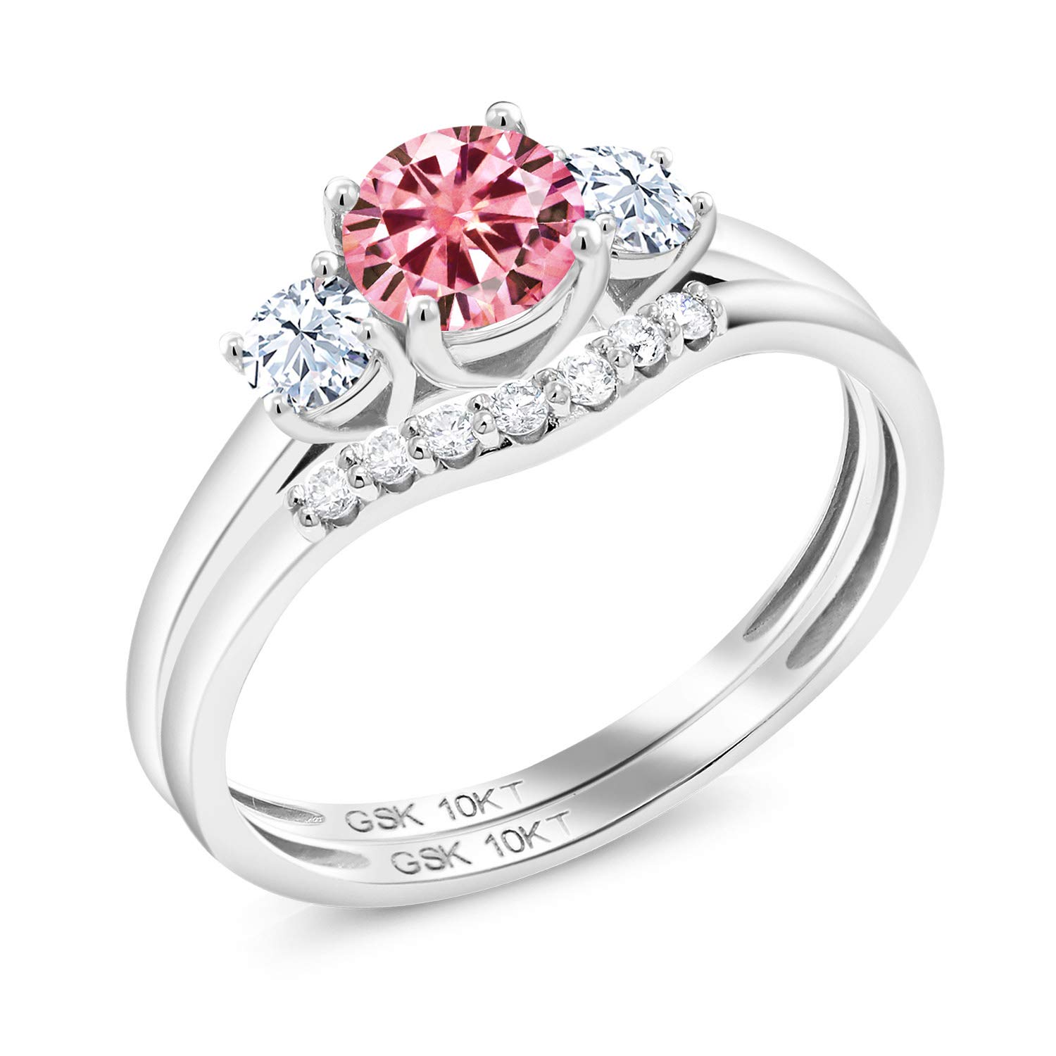 Gem Stone King 10K White Gold Pink Moissanite and White Created Sapphire and White Lab Grown Diamond 3-Stone Bridal Engagement Wedding Ring Set For Women (0.80 Cttw, Gemstone, Round 5MM, Size 6)