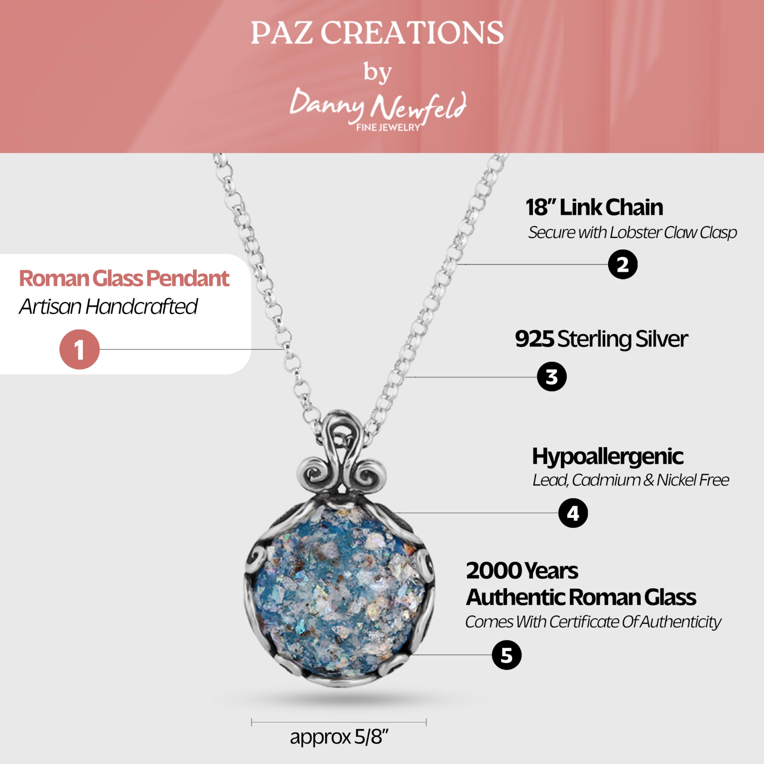 Paz Creations Women's 925 Sterling Silver Roman Glass Patina Pendant - Artisan Handcrafted Natural Organic Necklace, Handmade Jewelry Gift For Her