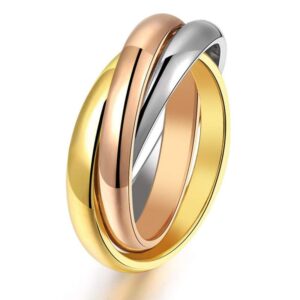 JAJAFOOK Women's Stainless Steel Gold Silver Rose Triple Band Interlocked Rolling Ring (Rose Gold Tri-Color, 7)