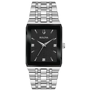 bulova men's modern stainless 3-hand quartz watch, black rectangle dial with diamonds style: 96d145