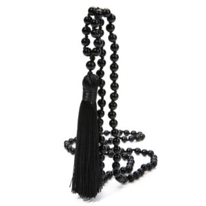 balibali 8mm beads chakra long mala necklace natural stone meditation statement necklace japa yoga rosary prayer charm beaded tassel necklace (black agate)