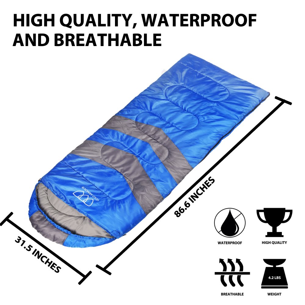 Gold Armour Sleeping Bags for Adults Kids Boys Girls Backpacking Hiking Camping, Cold Warm Weather 4 Seasons, Indoor Outdoor Use, Lightweight & Waterproof, Left Zipper (Blue & Gray)