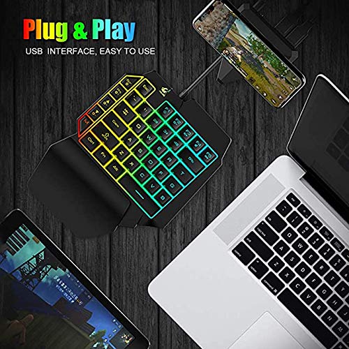 FELICON One Handed Gaming Keyboard and Mouse Combo, Rainbow Backlit 39 Keys Portable Small Mechanical Feel Keyboard with Wrist Rest Support, RGB Backlight 6 Buttons Adjustable Mice for PC Gamer