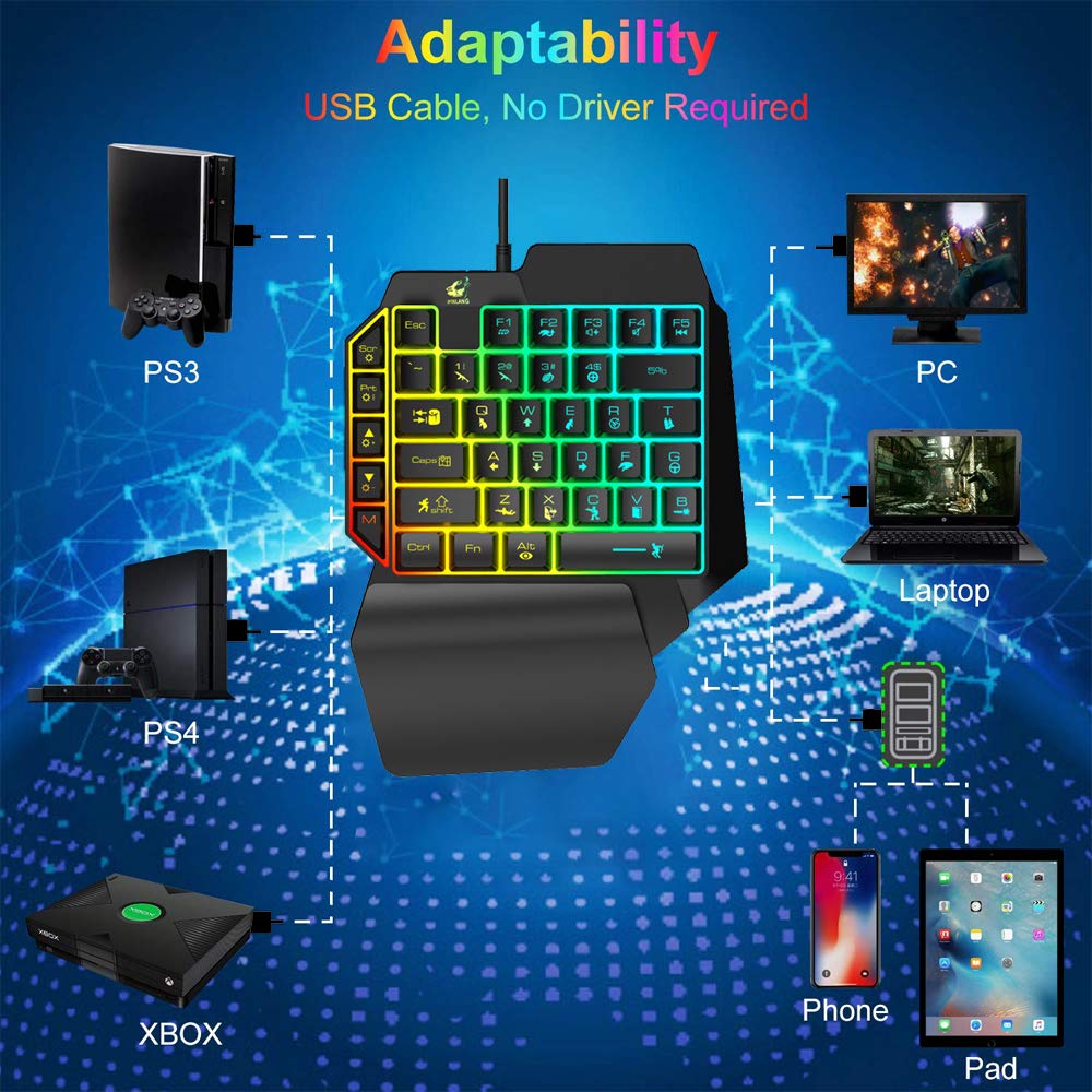 FELICON One Handed Gaming Keyboard and Mouse Combo, Rainbow Backlit 39 Keys Portable Small Mechanical Feel Keyboard with Wrist Rest Support, RGB Backlight 6 Buttons Adjustable Mice for PC Gamer