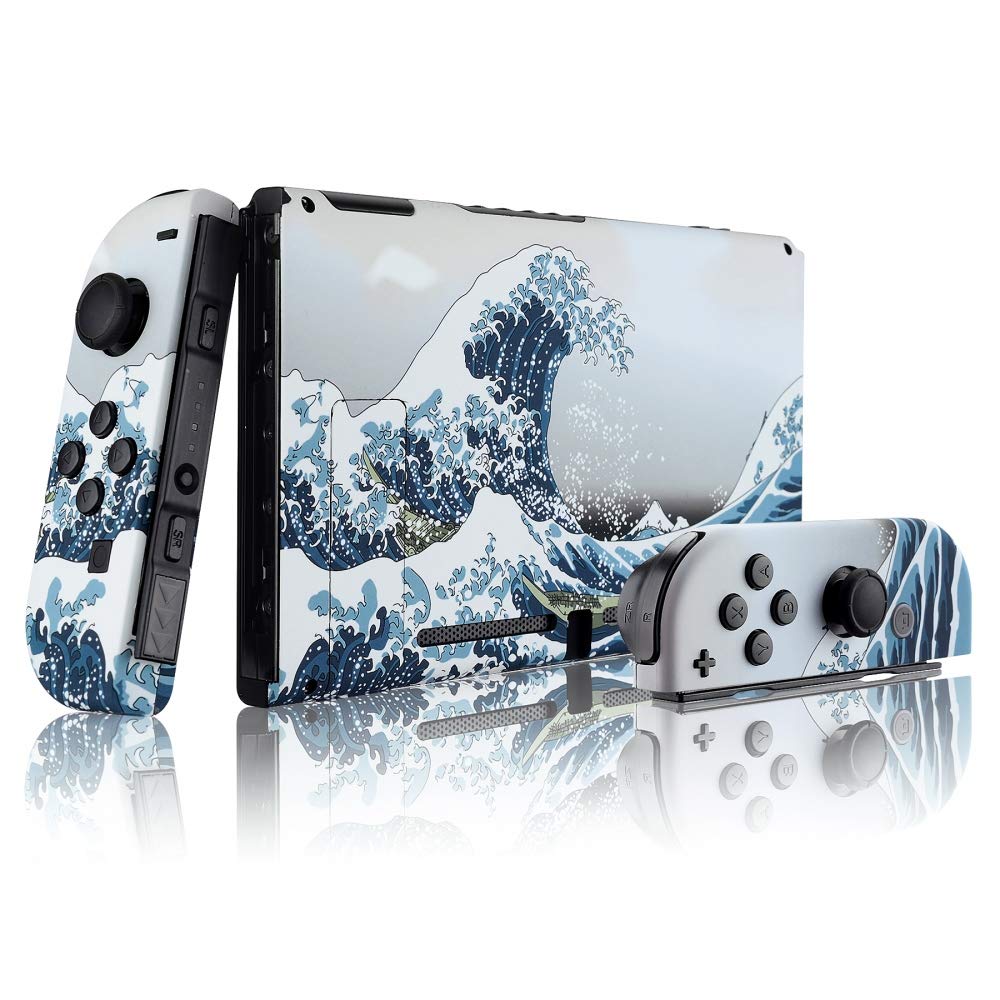 eXtremeRate DIY Replacement Shell Buttons for Nintendo Switch, Soft Touch Back Plate for Switch Console, Custom Housing Case with Full Set Buttons for Joycon Handheld Controller - The Great Wave