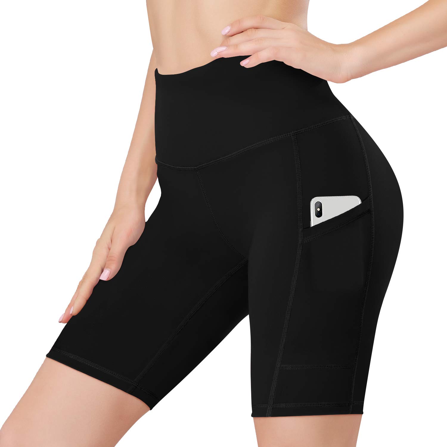 HISKYWIN 5"/8" Inseam High Waist Women Yoga Shorts Compression Exercise Workout Running Shorts Pockets F18010-Black-M