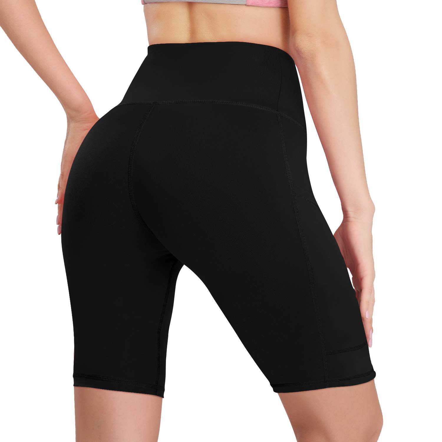 HISKYWIN 5"/8" Inseam High Waist Women Yoga Shorts Compression Exercise Workout Running Shorts Pockets F18010-Black-M