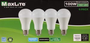 maxlite led dimmable 4 pack a19 bulb 100w daylight 5000k, white