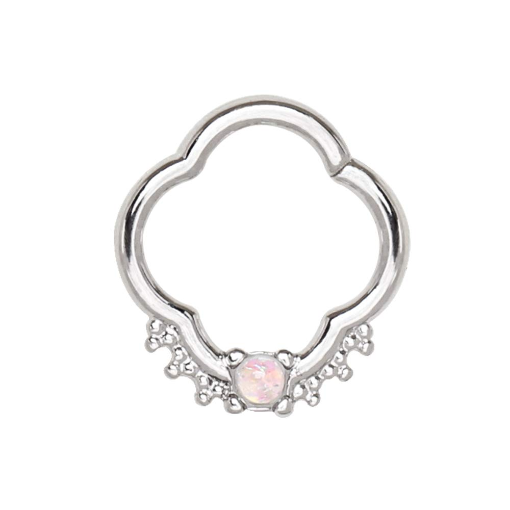 Amelia Fashion 16 Gauge Ornate Quatrefoil Opal Nose Hoop/Cartilage Ring Annealed 316L Surgical Steel (Steel & White Opal)