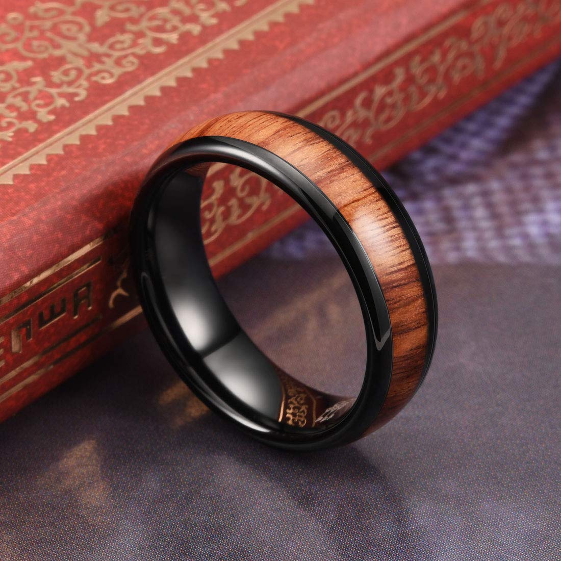 THREE KEYS JEWELRY 6mm Black Tungsten Carbide Wedding Ring for Women with Koa Wood Inlay Domed Wedding Band Engagement Ring Comfort Fit Size 7.5