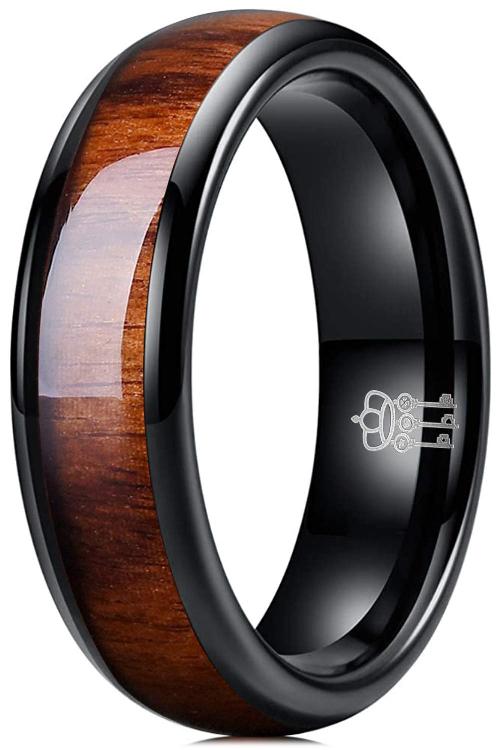 THREE KEYS JEWELRY 6mm Black Tungsten Carbide Wedding Ring for Women with Koa Wood Inlay Domed Wedding Band Engagement Ring Comfort Fit Size 11