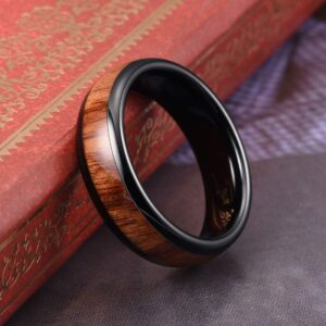 THREE KEYS JEWELRY 6mm Black Tungsten Carbide Wedding Ring for Women with Koa Wood Inlay Domed Wedding Band Engagement Ring Comfort Fit Size 11