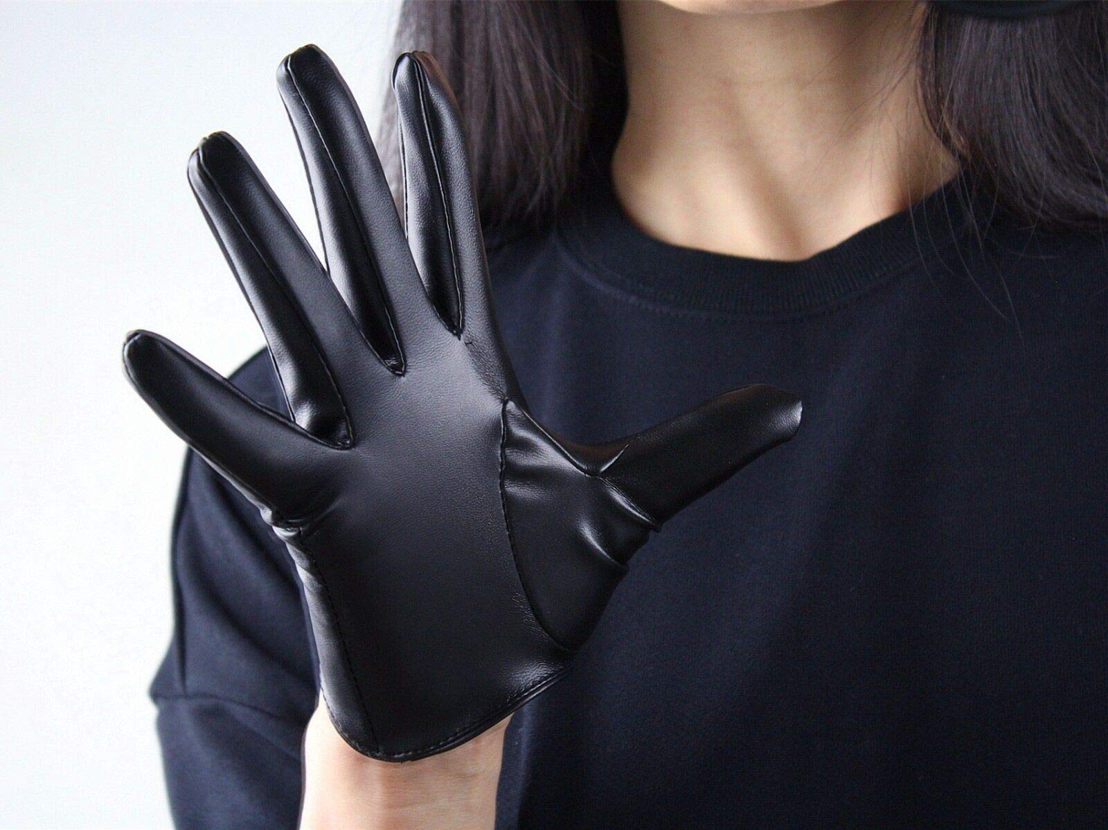 DooWay Women's Black Short Leather Gloves Touchscreen Faux Lambskin Leather Soft Cool Handmade Unlined for Evening Costume Party Dress 16cm