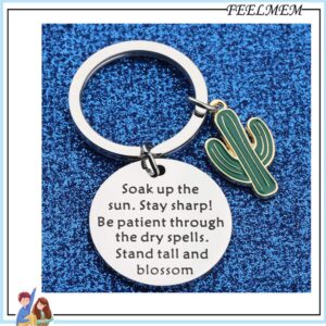 FEELMEM Saguaro Cactus Keychain Soak Up The Sun Stand Tall and Blossom Inspirational Cacti Charms Keychain for Friend Plant Lover Gift (silver)