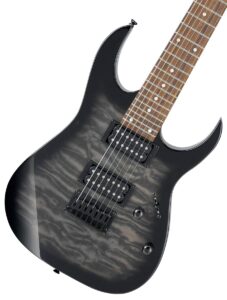 ibanez grg 7 string solid-body electric guitar, right, transparent black sunburst, full (grg7221qatks)