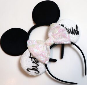 clgift mickey and minnie ears headband set - bride and groom, wedding mickey ears, black and white