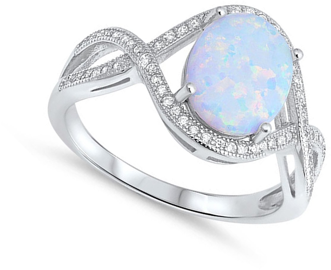 Oval White Simulated Opal Infinity Ring New .925 Sterling Silver Knot Band Size 11