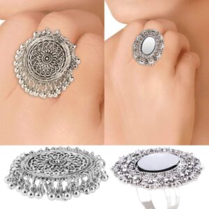 Yellow Chimes Designer Artistic Crafted Indian Bollywood Style Mirror Worked Oxidized Silver Combo of 3 Traditional Party Ware Adjustable Rings Indian Traditional Jewelry for Women from