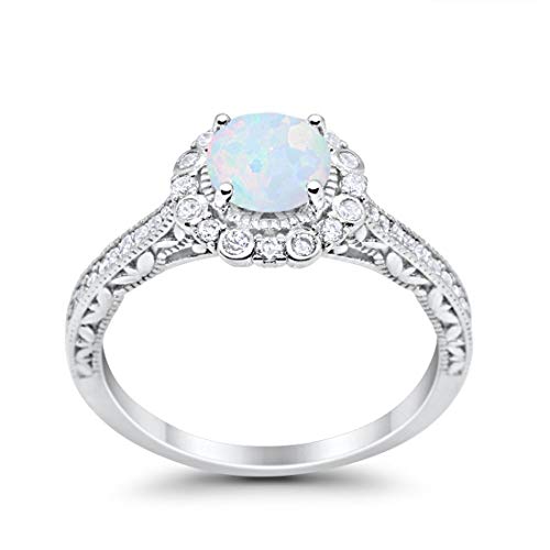 Blue Apple Co. Art Deco Filigree Halo Wedding Engagement Bridal Ring Solid Round Created White Opal 925 Sterling Silver, Size-8