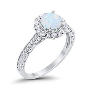 Blue Apple Co. Art Deco Filigree Halo Wedding Engagement Bridal Ring Solid Round Created White Opal 925 Sterling Silver, Size-8