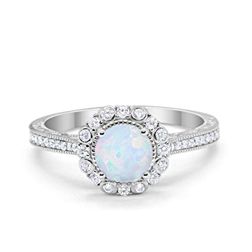 Blue Apple Co. Art Deco Filigree Halo Wedding Engagement Bridal Ring Solid Round Created White Opal 925 Sterling Silver, Size-8