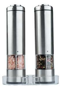 electric salt and pepper grinder set by intense kitchen - battery operated stainless steel with light & clear container mills (2)- adjustable ceramic coarseness - fast powerful mill - one hand shakers