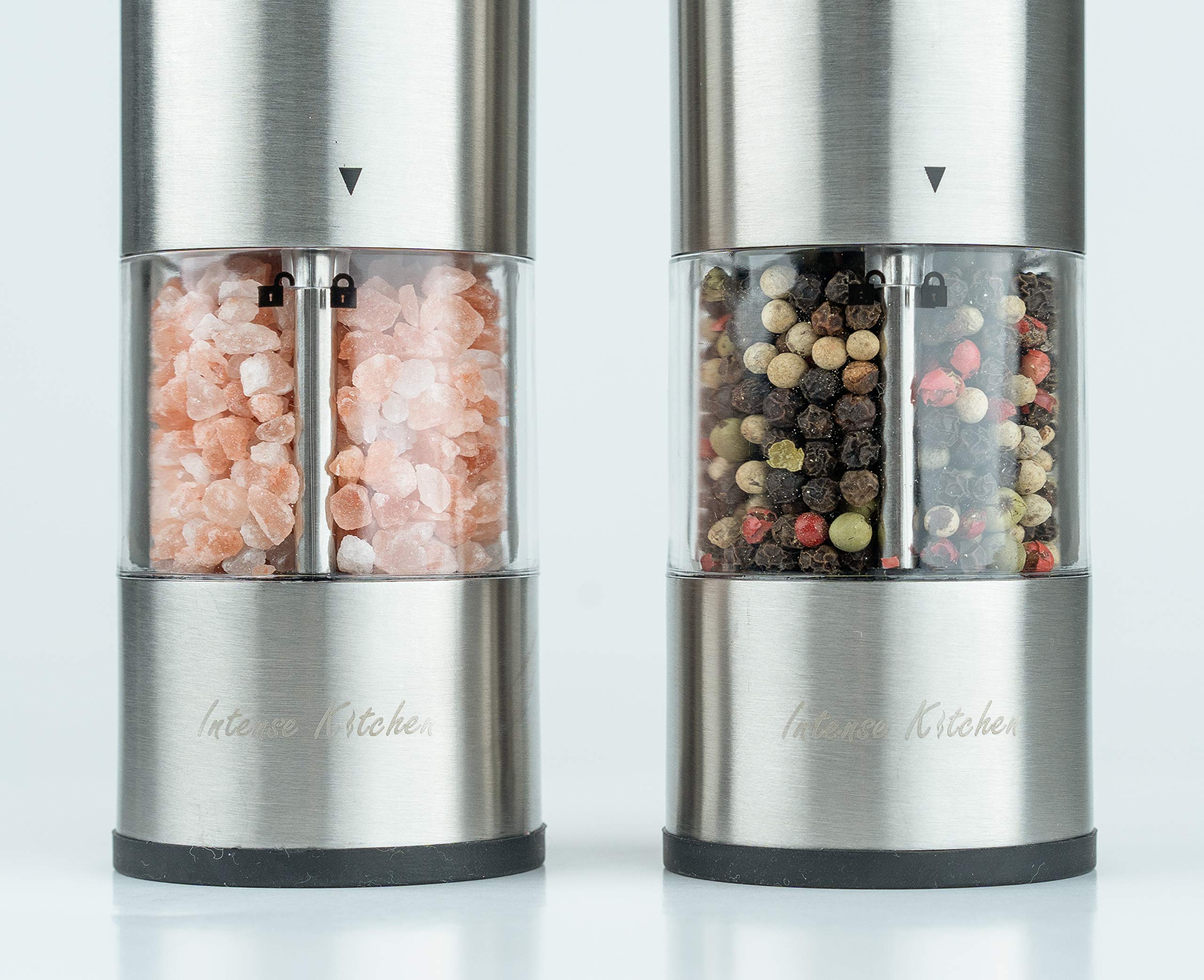 Electric Salt and Pepper Grinder Set by Intense Kitchen - Battery Operated Stainless Steel with Light & Clear Container Mills (2)- Adjustable Ceramic Coarseness - Fast Powerful Mill - One Hand Shakers