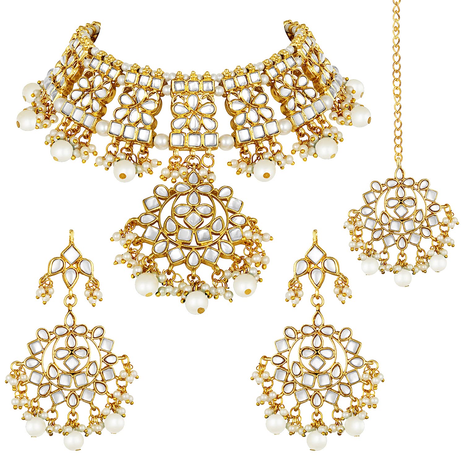 Aheli Indian Traditional Maang Tikka with Kundan Necklace Earrings Set Ethnic Wedding Party Designer Jewelry for Women