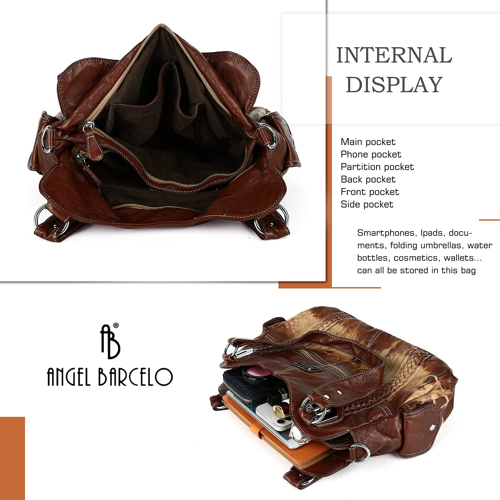 Angel Barcelo Roomy Fashion Hobo Womens Handbags Ladies Purse Satchel Shoulder Bags Tote Washed Leather Bag Brown