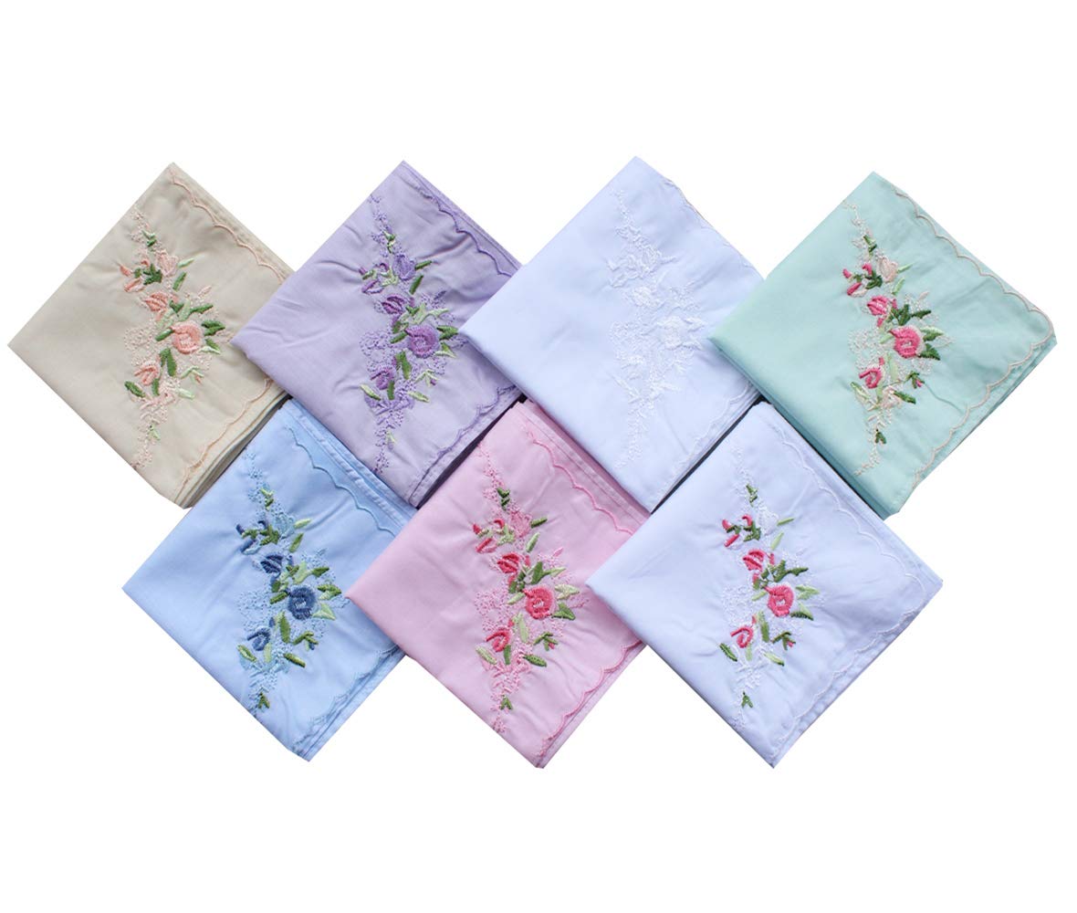 Women's Handkerchiefs 100% Cotton Rose Embroidery Hankies 17"