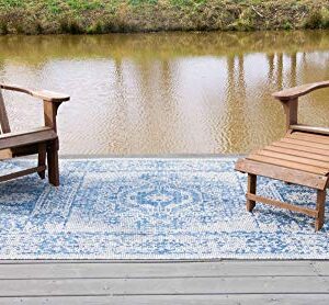 Unique Loom Outdoor Traditional Collection Area Rug - Timeworn (9' x 12' Rectangle, Blue/ Gray)