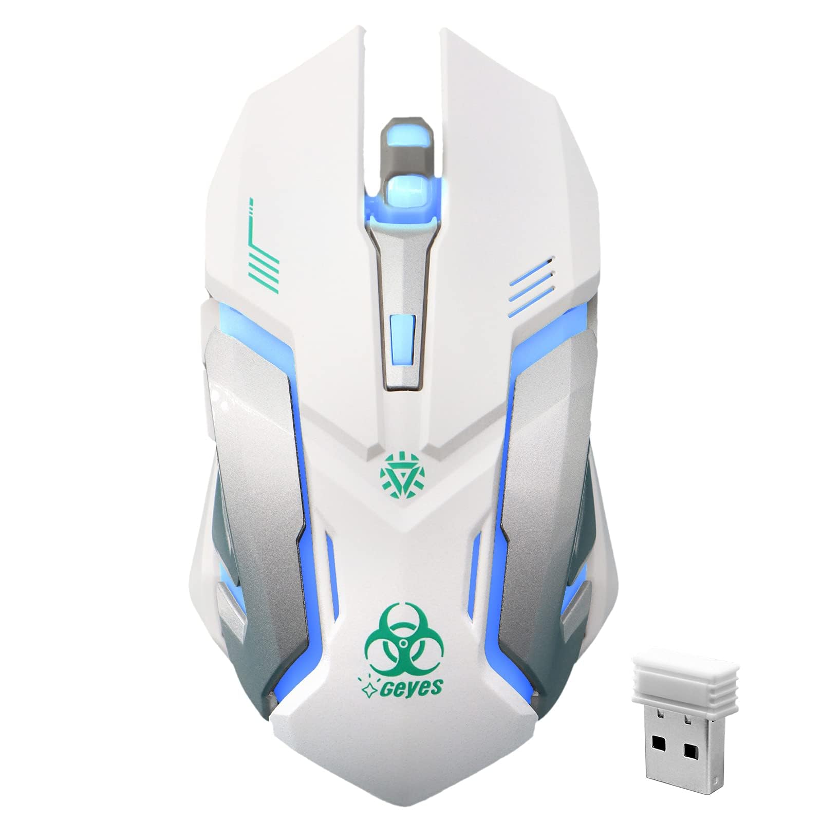 VEGCOO White Wireless Gaming Mouse, Silent Click Wireless Mouse with 3 Level DPI, Rechargeable Computer Mice with Colorful RGB LED Lights and Side Buttons for Laptop and Desktop