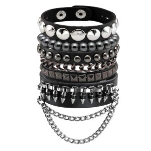 eigso punk leather cuff bracelets for men women 80s retro hematite rock spikes metal cuff wristband set adjustable for man woman