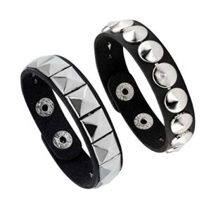 eigso 2pcs black leather bracelet for men women adjustable hematite punk spike metal cuff bangle