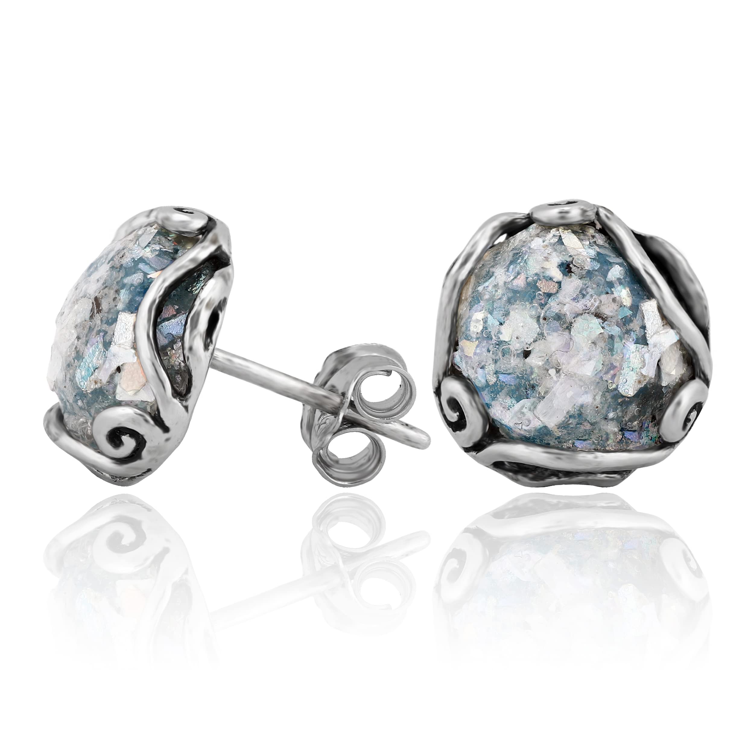 Paz Creations Women's 925 Sterling Silver Roman Glass Patina Stud Earrings - Handcrafted Round-Cut Ball Earring - Unique Natural Organic Jewelry For Her