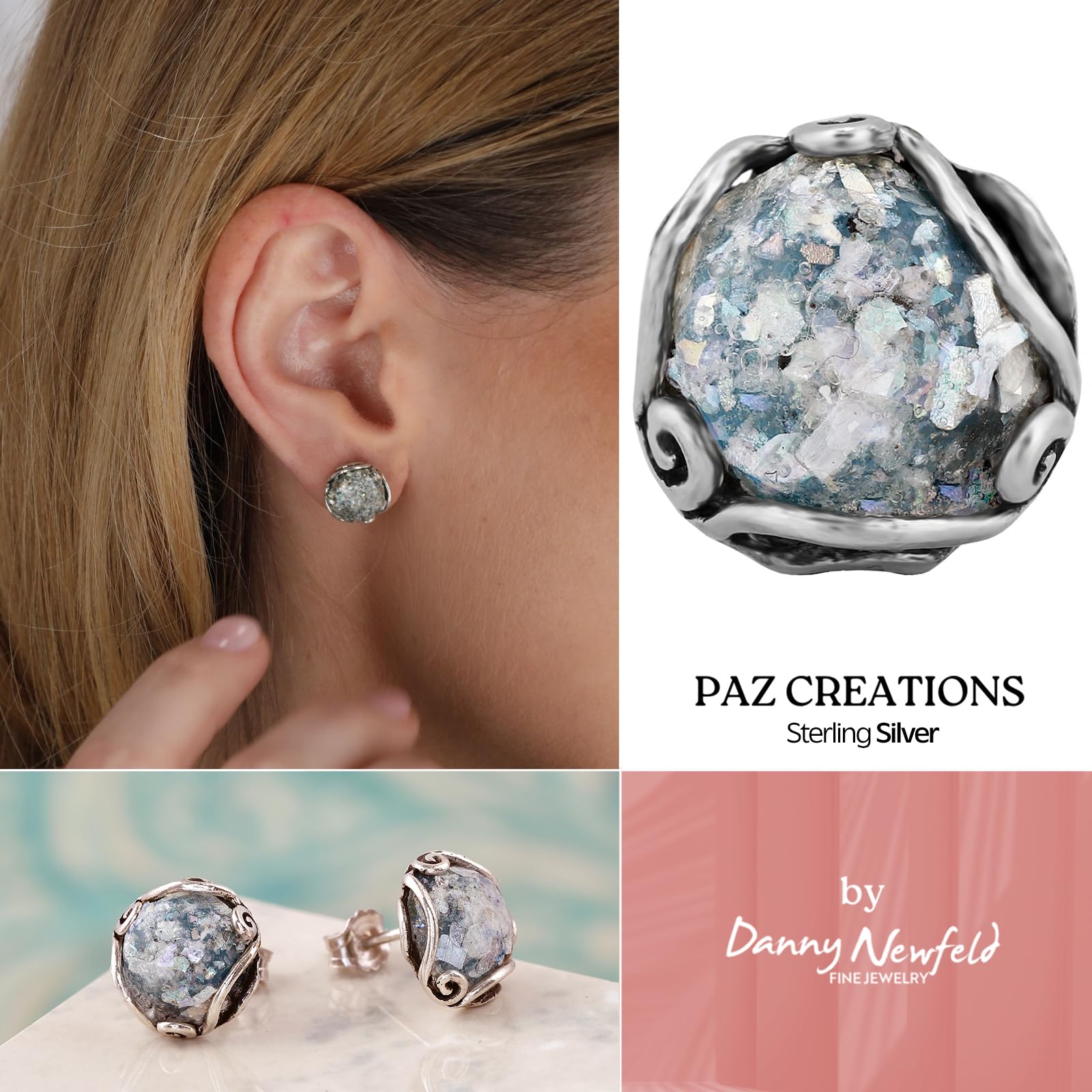 Paz Creations Women's 925 Sterling Silver Roman Glass Patina Stud Earrings - Handcrafted Round-Cut Ball Earring - Unique Natural Organic Jewelry For Her