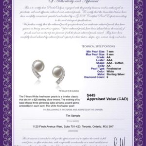 Claudia White 7-8mm AA Quality Freshwater 925 Sterling Silver Cultured Pearl Earring Pair For Women