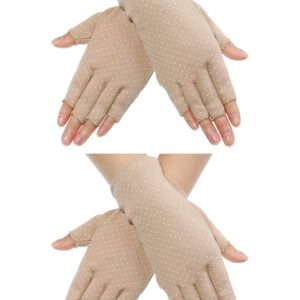 Maxdot Fingerless Gloves Non Slip UV Protection Driving Gloves Summer Outdoor Gloves for Women and Girls (Khaki,2 Pairs)