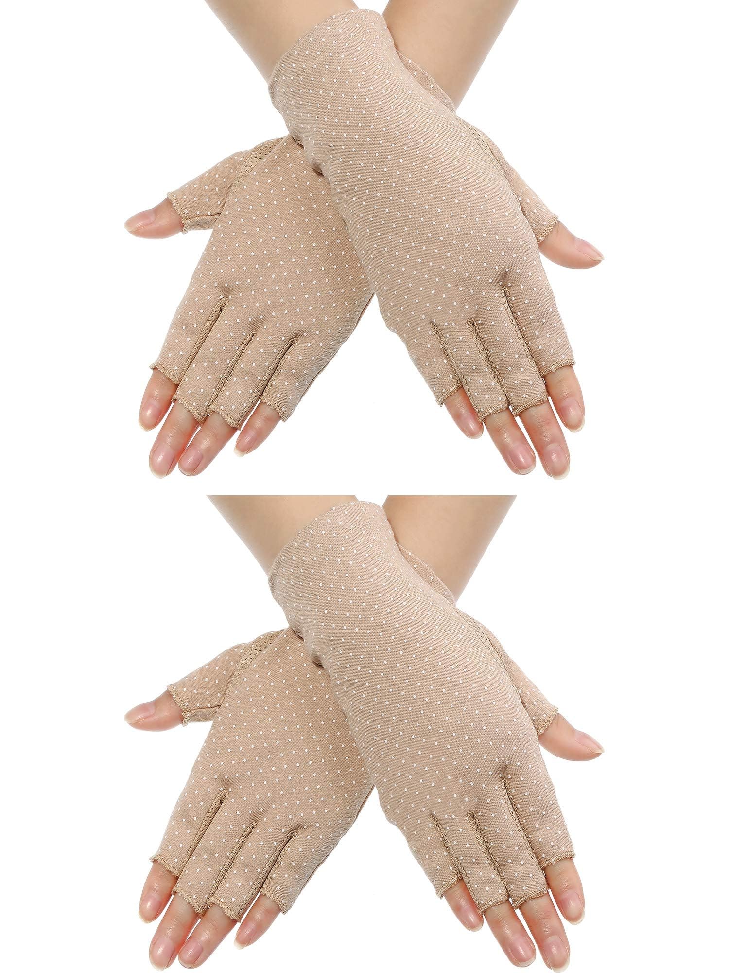 Maxdot Fingerless Gloves Non Slip UV Protection Driving Gloves Summer Outdoor Gloves for Women and Girls (Khaki,2 Pairs)