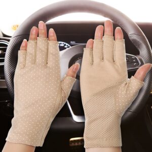 Maxdot Fingerless Gloves Non Slip UV Protection Driving Gloves Summer Outdoor Gloves for Women and Girls (Khaki,2 Pairs)