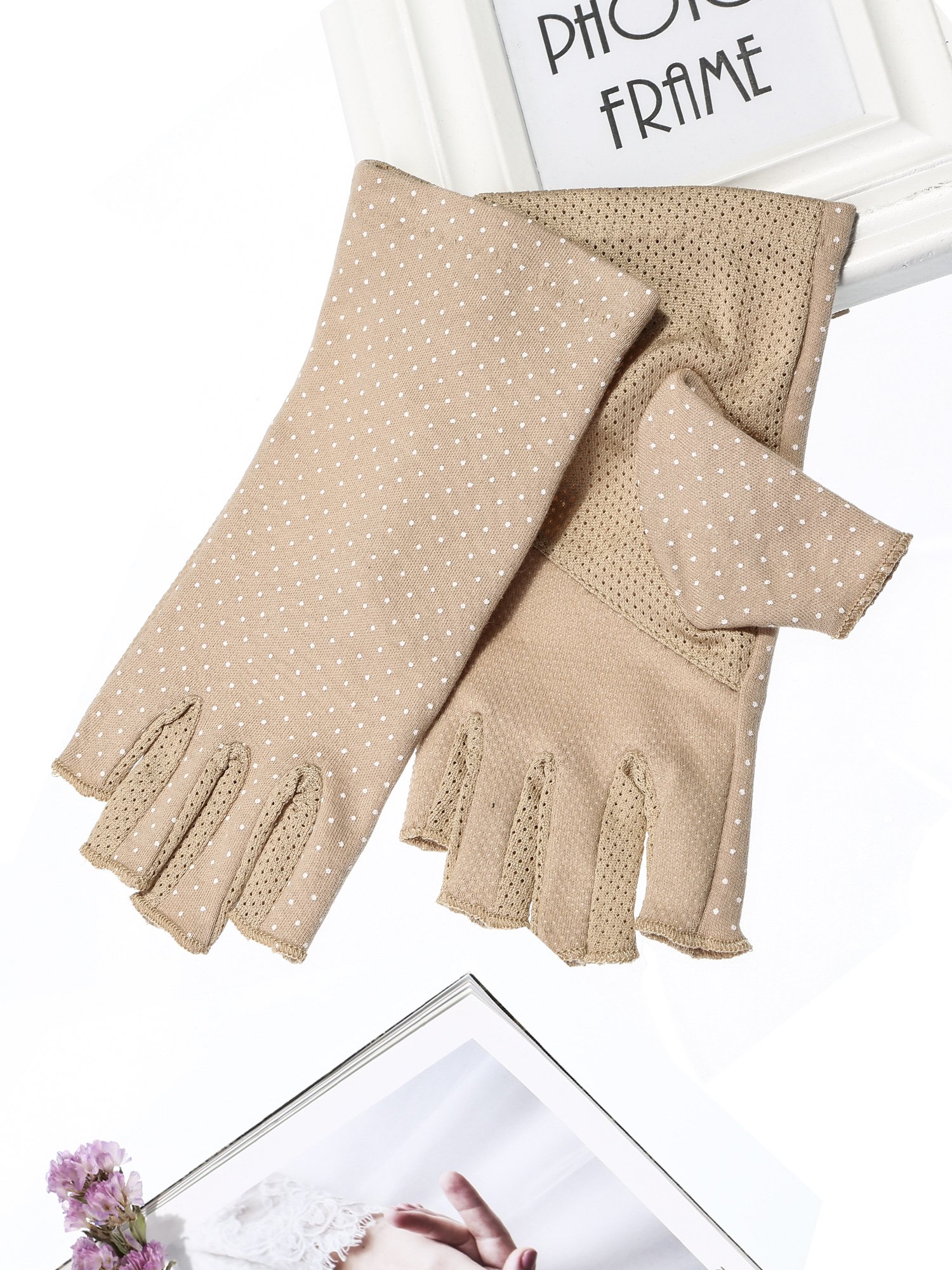 Maxdot Fingerless Gloves Non Slip UV Protection Driving Gloves Summer Outdoor Gloves for Women and Girls (Khaki,2 Pairs)