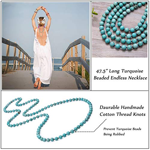 PERNNLA PEARL Natural Turquoise Endless Necklace Bohemian Long Beaded Strand Handmade Knotted Jewelry for Women Fashion Multi-strand Gemstone Necklace for Her 47.5”