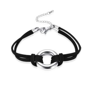 Circle Of Life Cremation Jewelry Black Genuine Leather Memorial Urn Bracelet For Ashes Of Loved One Keepsake Holder For Women Men (Silver Tone)