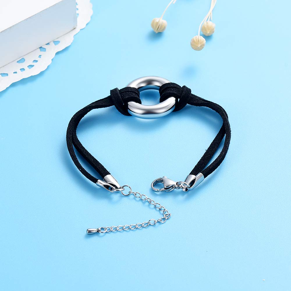 Circle Of Life Cremation Jewelry Black Genuine Leather Memorial Urn Bracelet For Ashes Of Loved One Keepsake Holder For Women Men (Silver Tone)