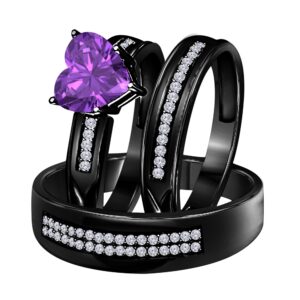 ds jewels his and hers matching wedding band ring set 14k black rhodium plated alloy 6 mm heat cut cz amethyst engagement trio bridal set