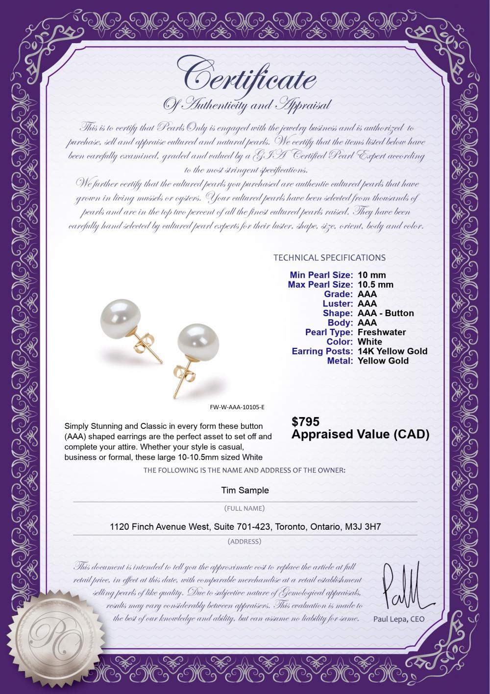 White 10-10.5mm AAA Quality Freshwater Cultured Pearl Earring Pair For Women - 14K White Gold Post